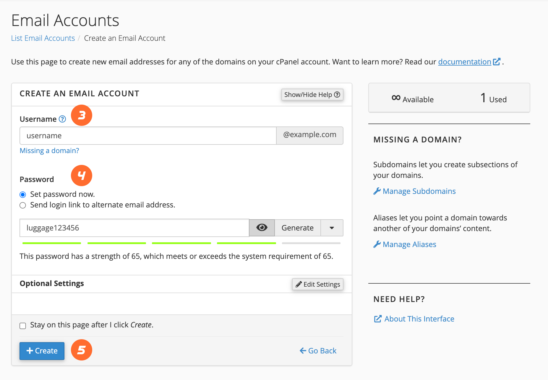  A screenshot of the 'Create an Email Account' page with fields for the username, password, and other settings.