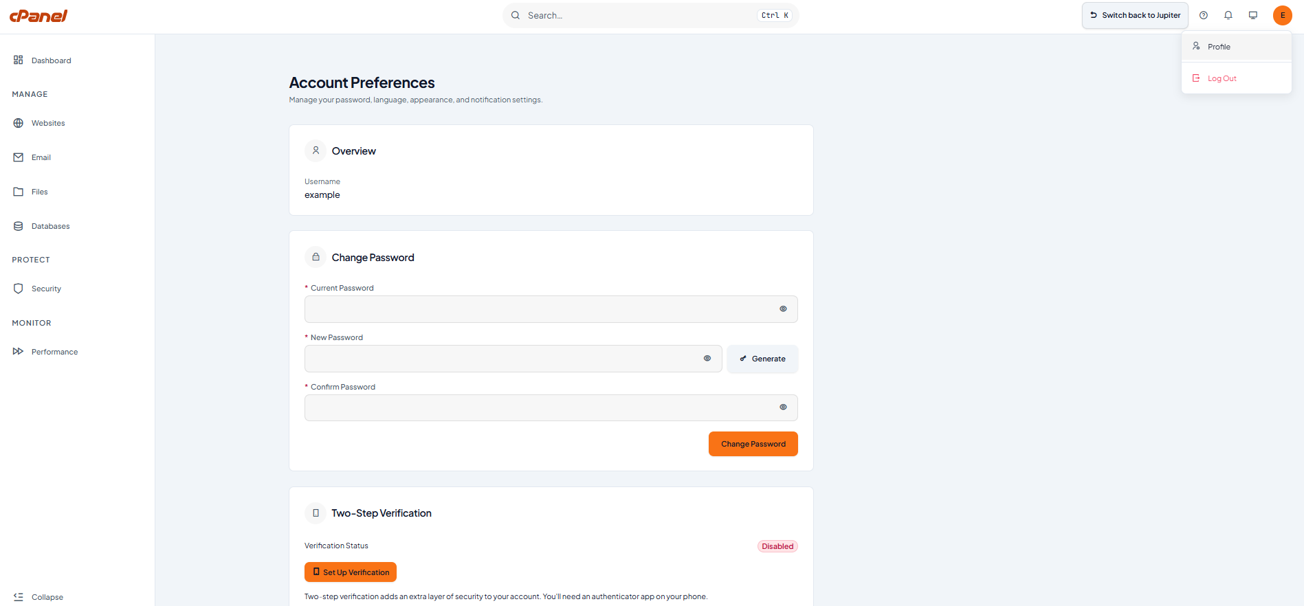 The Meridian Account Preferences interface.