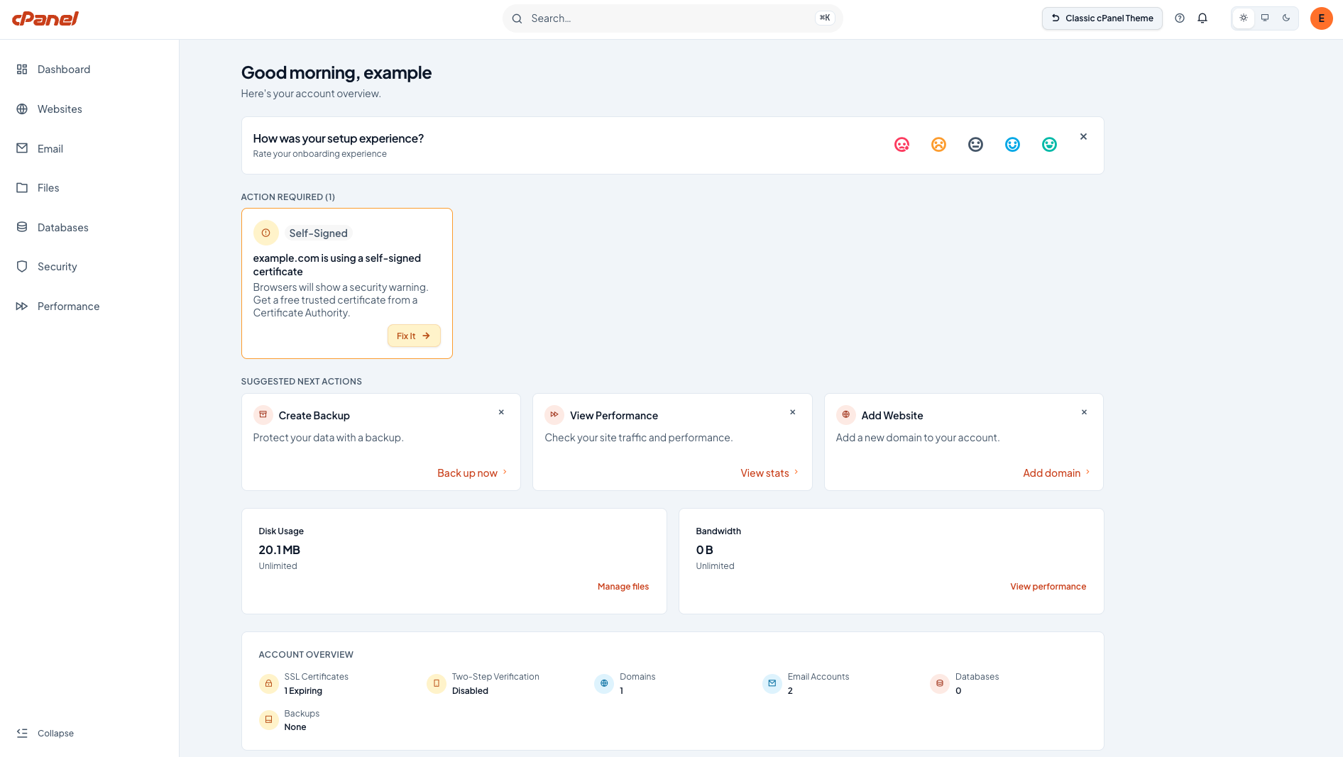The Meridian Dashboard, showing the Action Required, Suggested Next Actions, Resource Usage, and Account Overview sections
