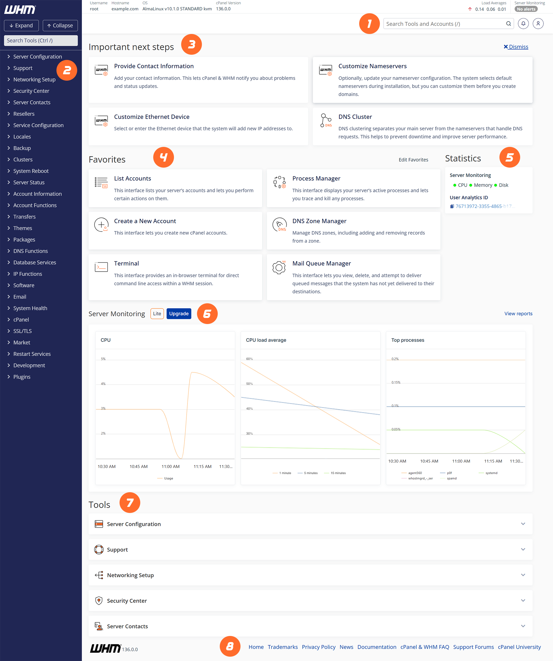 WHM Home interface with Jupiter theme