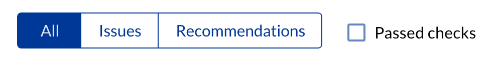 A three-menu button detailing how to sort SEO issues (all, issues, recommendations) and a checkbox that adds passed checks to the list