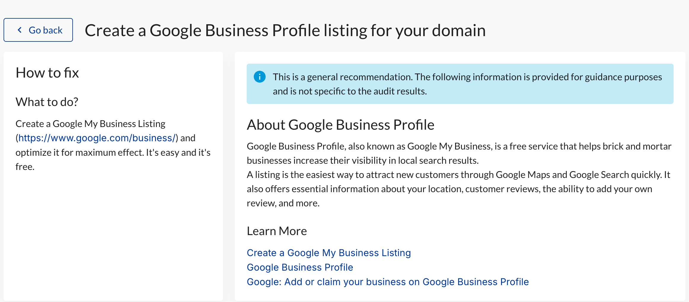 a recommendation report that tells a user to set up a Google Business Profile listing for their domain, containing links to other tutorials